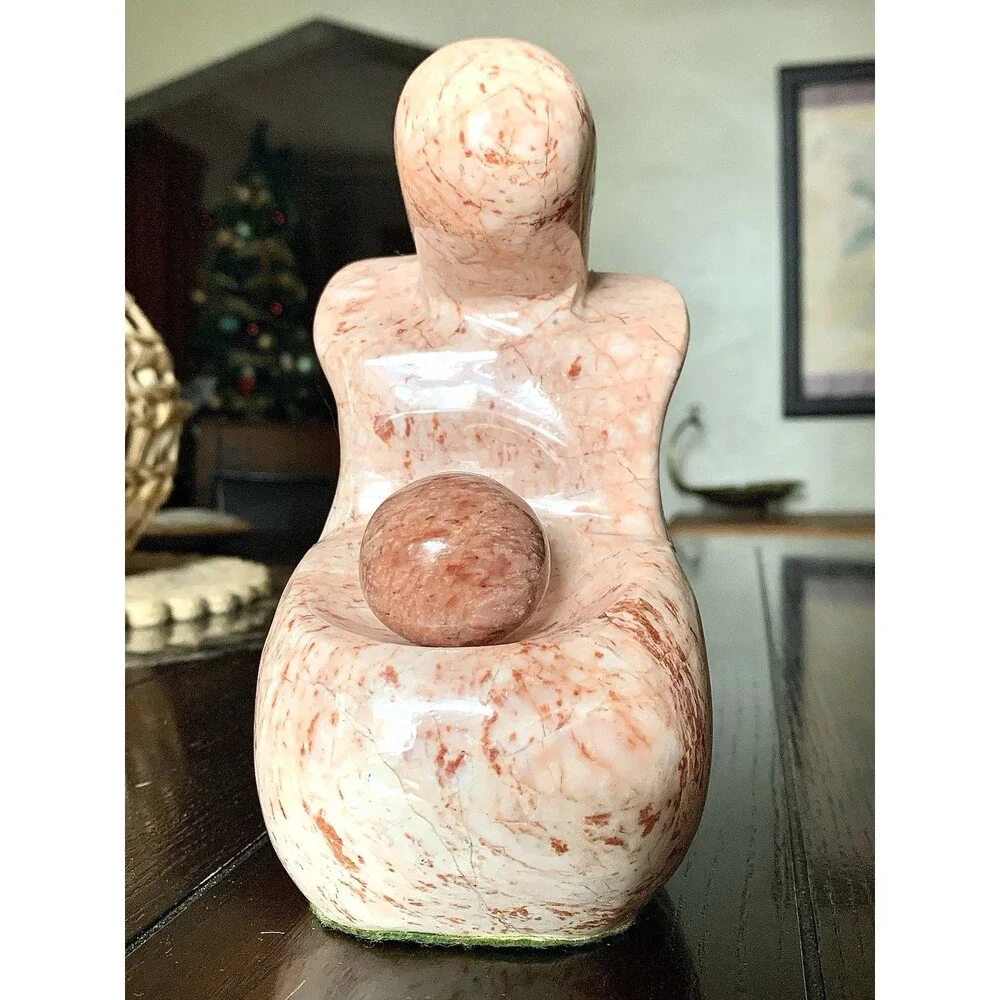 VINTAGE PINK MARBLE SCULPTURE- Abstract Mother & Child, Mid Century Modern 7